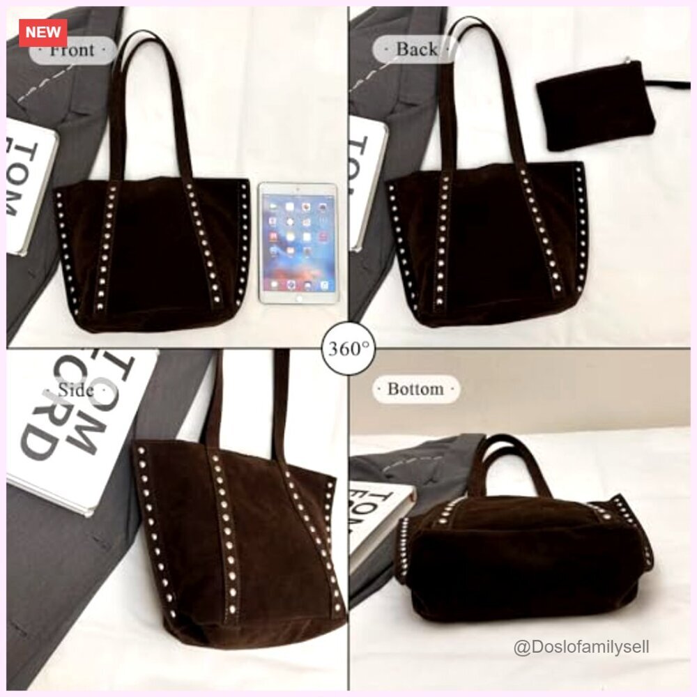 Faux Suede Studded Hobo Tote Bag Y2K Vintage Shoulder Purse with Zipper Bag - Picture 6 of 7